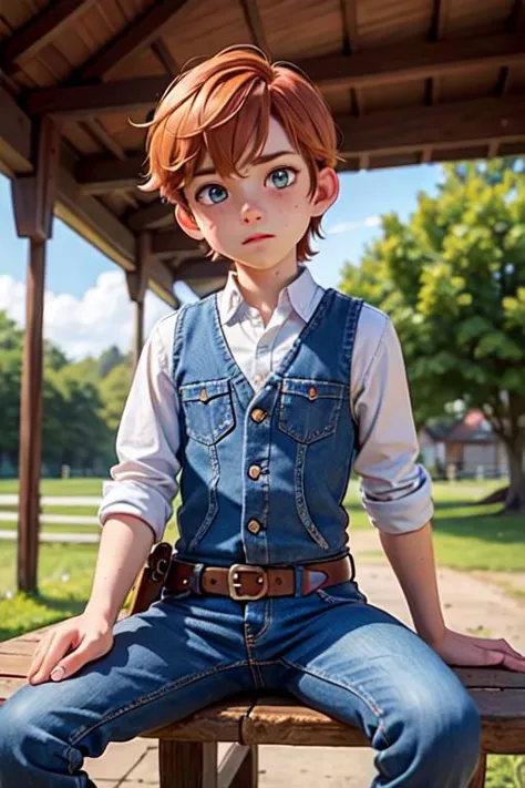 anime boy sitting on a bench with his hands on his hips