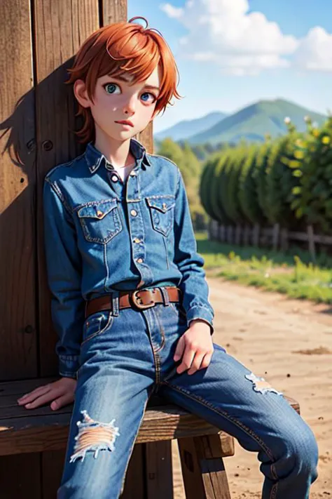 analog photo, a boy, 18yo, (flat chest):0.6, ginger hair, shiny skin, beautiful detailed face, beautiful detailed skin, detailed environment, detailed aquamarine eyes looking at viewer, a boy dressed at jeans sitting in the saddle on a horse, he is looking a little nervous, farm background, sweat:0.7, hyperrealistic,
BREAK,
Porta 160 color, shot on ARRI ALEXA 65, bokeh, sharp focus on subject, shot by Don McCullin, <lora:ReaLora:0.45> <lora:ShinyOiledSkin_v20-LyCORIS:0.2>