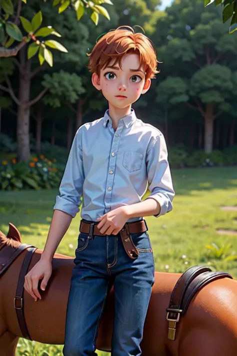 boy in blue shirt and jeans standing on a brown horse