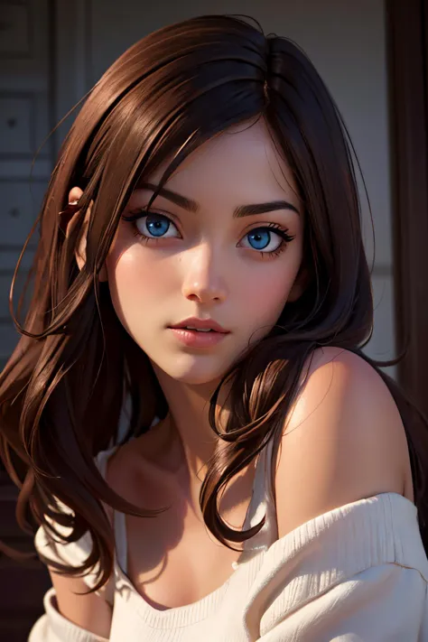 Best quality, masterpiece, ultra high res, (photorealistic:1.4), raw photo, 1girl, offshoulder, looking at viewer, beautiful blue eyes, in the dark, deep shadow, low key, cold light 