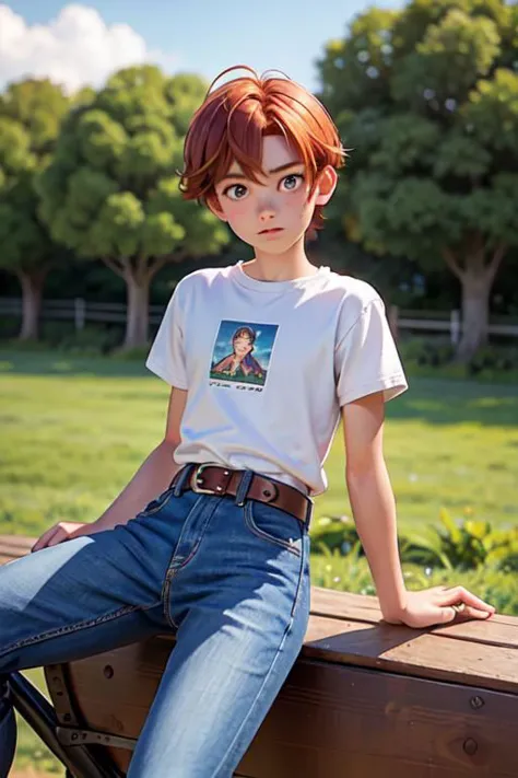 anime girl sitting on a bench in a park with a picture of a girl on her shirt