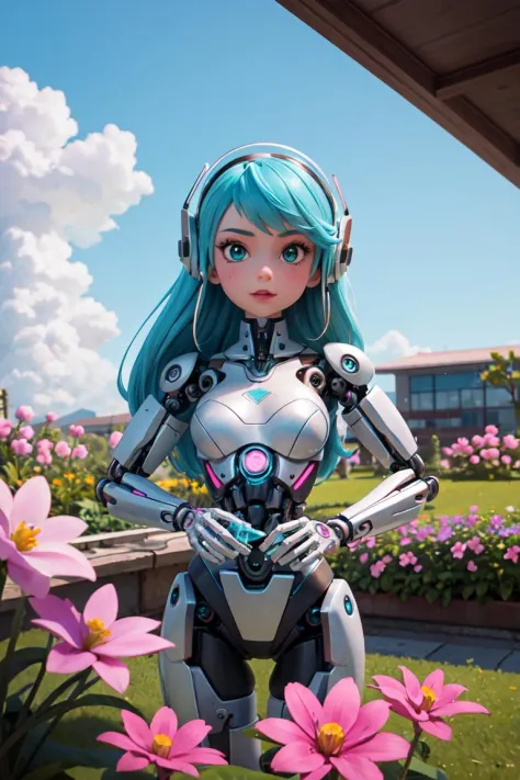 figure of biomechanical cyborg little girl made of glass was (picking a flower by hands), transparent, see-through intricated interal mechanical metal part, metal array, hi-tech, sci-fi, difficult, chip, circuit, post-production, elegan, teal and pearl white , ((She was picking pink flowers)) ,flower garden, outdoor,high_res,cyborg style