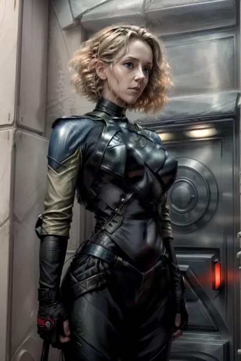 a woman in a black leather outfit standing in front of a door