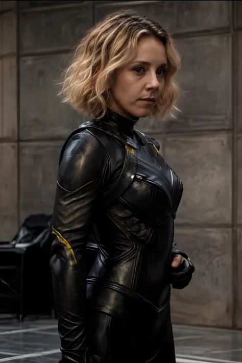 a woman in a black leather outfit standing in a room