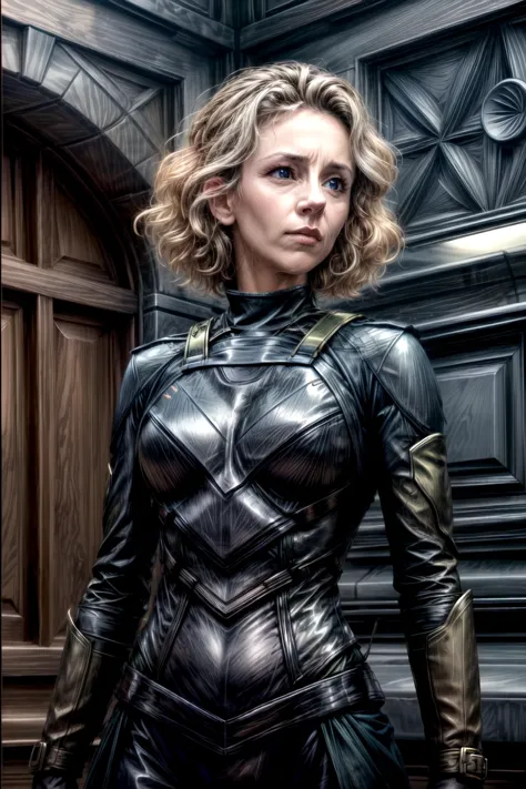 a close up of a woman in a leather outfit standing in front of a door