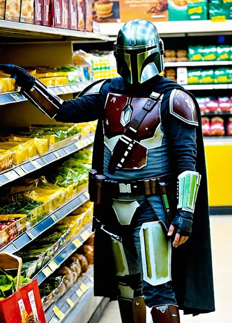 Casual photo of the Mandalorian taking an item off a grocery store shelf, Mandalorian style <lora:Mandalorian style:0.8>