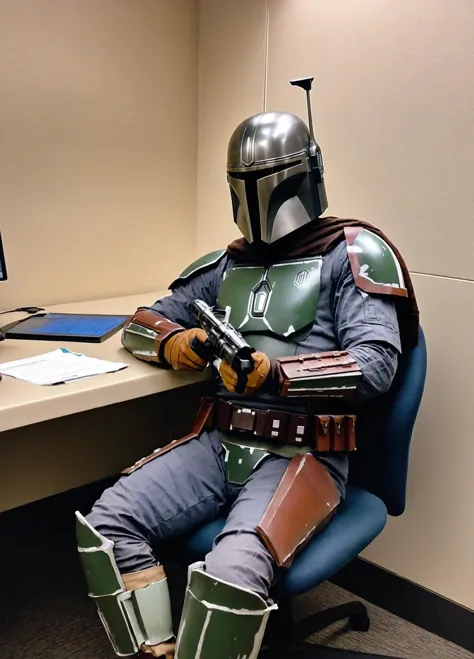 Casual photo of the Mandalorian sitting in an office cubicle doing work, Mandalorian style <lora:Mandalorian style:0.8>