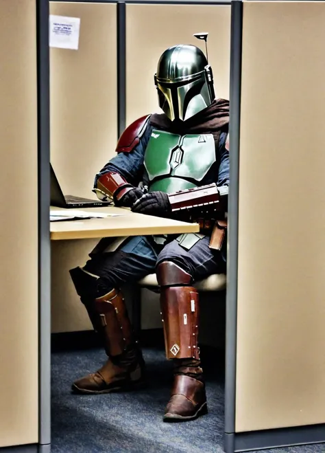 Casual photo of the Mandalorian sitting in an office cubicle doing work, Mandalorian style <lora:Mandalorian style:0.8>