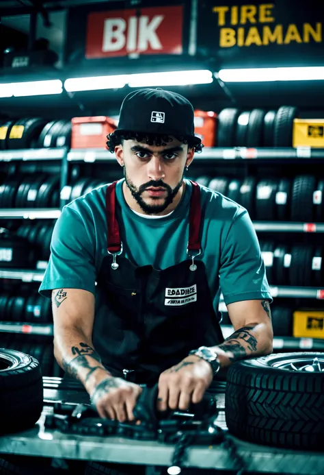 cinematic photo badbunny a man working at tire shop and wearing a overalls <lora:badbunny-000006:1> . 35mm photograph, film, bok...