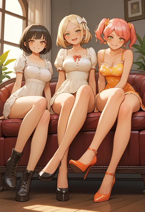 score_9, score_8_up, score_7_up,3girls,
source_anime,
8k, complex composition, volumetric lighting,
3 smirking beautiful 24 year old girls with shoulder length  hair ,medium breasts,perfect skin, PERFECT FACE, juicy legs,
wearing different colored printsundress ,lace up boots , show heels,
sitting on a stoop, legs crossed
<lora:add-detail-xl:2>