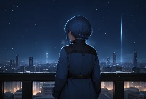 a woman in a blue coat looking out over a city at night