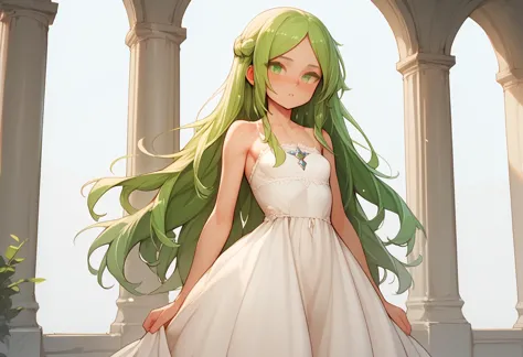 score_9, score_8_up, 1girl, solo, green eyes, long hair, green hair, looking at viewer, dress, white dress, parted lips, blush, small breasts, collarbone, standing, princess