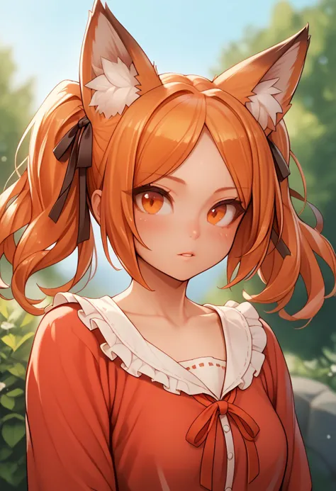 score_9, score_8_up, 1girl, animal ears, solo, twintails, animal ear fluff, looking at viewer, outdoors, upper body, fox ears, orange hair, blurry background, blurry, parted lips, blush, orange eyes, ribbon, shirt, neck ribbon, depth of field, fox girl, collarbone, day, red shirt, frills