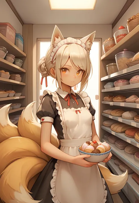 anime girl in a bakery holding a plate of food