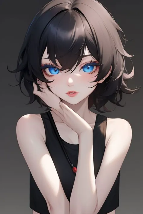 masterpiece, best quality, hires, high resolution:1.2, 4k, 8k , high quality, extremely detailed, face focus, viewed straight on , 1girl ,very black hair, short hair , messy hair, pale skin, <honkai impact>,  lips, blue eyes , bare shoulders , crop tank top