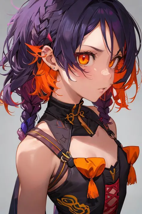 triadic colors, nsfw, high definition photo, ultra detailed skin, ultra detailed face, small skin imperfections, 1girl, Side braid, small , flat chest, Hourglass body, orange eyes, dark violet hair