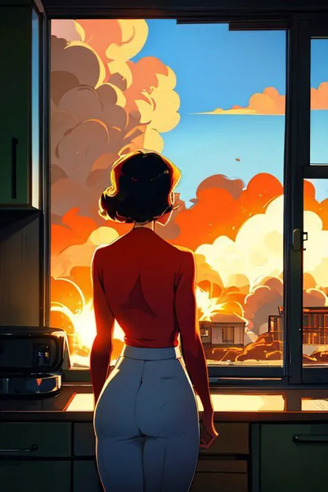 retro-style atomic woman from behind, standing in her kitchen, looking out the window at a giant explosion in the distance