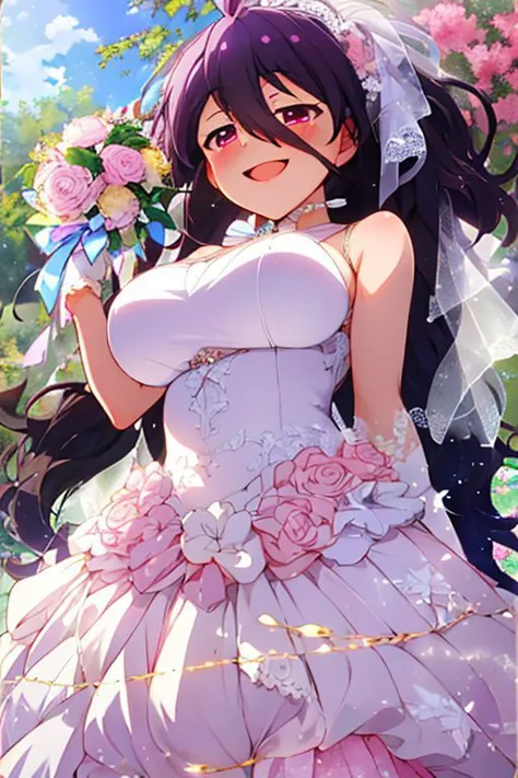 (masterpiece, best quality), highly detailed background, perfect lightingbest quality, tsubuzakianko, solo, outdoors, bridal veil, purple hair, antenna hair, hair between eyes, wavy hair, very long hair, pink eyes, gigantic breasts, wedding dress, white dress, white gloves, frilled skirt, smile, open mouth, :d, pink lips, 