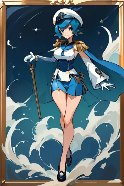 ((Masterpiece)), solo, high quality, lana_pokemon, very tall woman, eyelashes, wide hips, seductive, Navy Uniform, long legs, long torso, blueish eyes, white gloves, smile, blue hair, short hair, white cape, white military uniform, white sleeves, white peaked cap, epaulettes, white skirt, bar