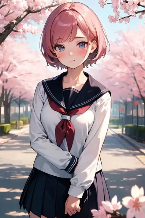 (high quality:1.4), (high resolution:1.3), (incredibly detailed:1.3), cinematic lighting, masterpiece, perfect anatomy, 1woman, school sailor uniform, long sleeve, spring, cherry blossom, detailed short hair, perfect face, perfect eyes, piass, blush,,