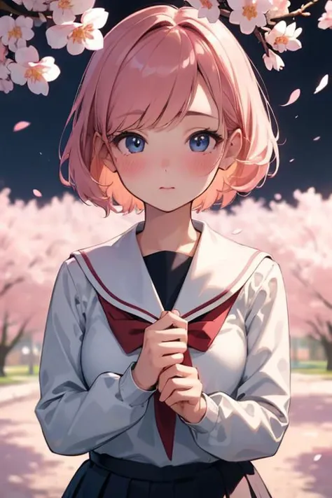 (high quality:1.4), (high resolution:1.3), (incredibly detailed:1.3), cinematic lighting, masterpiece, perfect anatomy, 1woman, school sailor uniform, long sleeve, spring, cherry blossom, detailed short hair, perfect face, perfect eyes, piass, blush,,