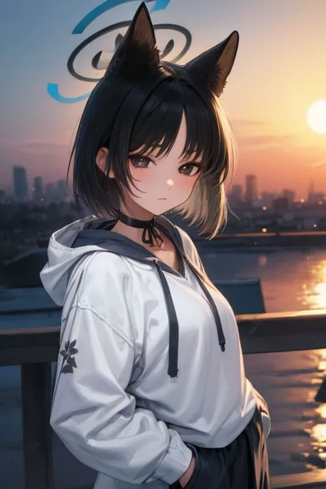 detailed illustration, of a mature chubby woman, pretty face,expressionless, kikyou kiryuu, animal ears, halo, black hair, short hair, choker, hoodie, hands in pocket, outside,  gradient sky, skyline, water, city skyline, cinematic lighting, hires, volumetric lighting, highly detailed background, lights and shadows, backlit, masterpiece, <lora:add detail:0.5> <lora:hairdetailer:0.5> <lora:Hoseki_BlueArchive_KikyouKiryuu_v1:0.9>