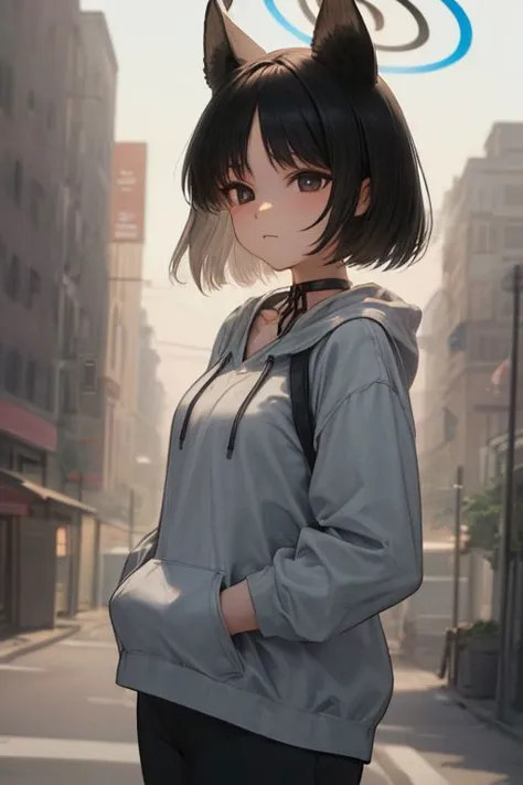 detailed illustration, of a mature chubby woman, pretty face,expressionless, kikyou kiryuu, animal ears, halo, black hair, short hair, choker, hoodie, hands in pocket, outside,  gradient sky, skyline, water, city skyline, cinematic lighting, hires, volumetric lighting, highly detailed background, lights and shadows, backlit, masterpiece, 
