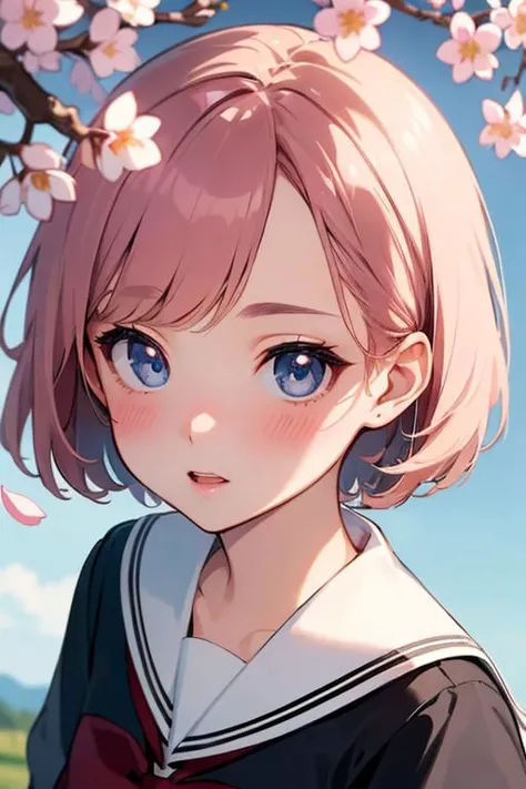 (high quality:1.4), (high resolution:1.3), (incredibly detailed:1.3), cinematic lighting, masterpiece, perfect anatomy, 1woman, school sailor uniform, spring, cherry blossom, detailed short hair, perfect face, perfect eyes, piass, blush,,