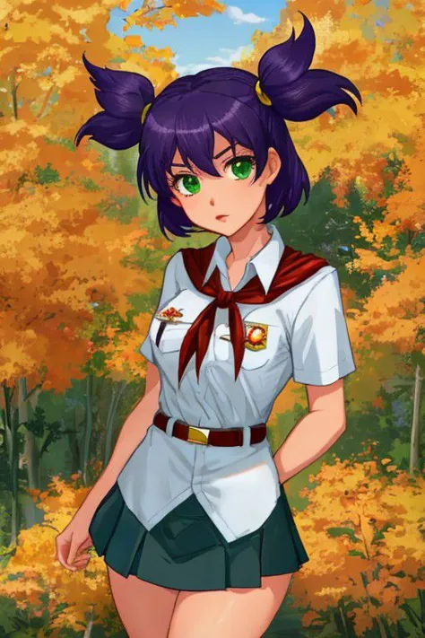 lena, green eyes, purple hair, twintails, white shirt, red badge on shirt, red bow-tied neckerchief, leather belt, blue skirt, yellow hairpin,clean,good anatomy,beautiful, cartoon