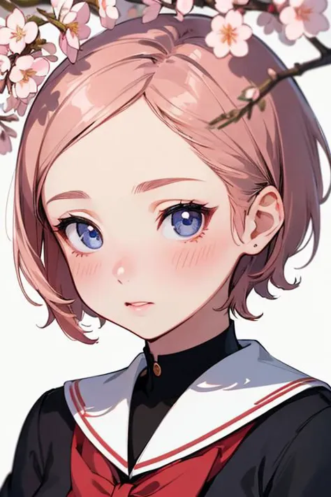 (high quality:1.4), (high resolution:1.3), (incredibly detailed:1.3), cinematic lighting, masterpiece, perfect anatomy, 1woman, school sailor uniform, spring, cherry blossom, detailed short hair, perfect face, perfect eyes, blush,,