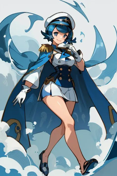 ((obra maestra)), solo, alta calidad, lana_Pokémon, mujer muy alta, Pestañas, Caderas anchas, seductor, uniforme azul marino, piernas largas, torso largo, ojos azulados, guantes blancos, sonrisa, pelo azul, cabello corto, capa blanca, uniforme militar blanco, mangas blancas, gorra blanca con visera, charreteras, falda blanca, bar