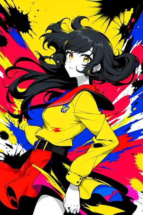 Abstract expressionism, a young adult female solo, Fujiko Mine (20yo+), a chaotic and energetic composition with bold brushstrok...