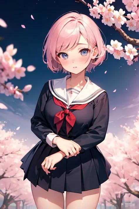 (high quality:1.4), (high resolution:1.3), (incredibly detailed:1.3), cinematic lighting, masterpiece, perfect anatomy, 1woman, school sailor uniform, spring, cherry blossom, detailed short hair, perfect face, perfect eyes, blush,