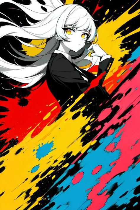 a woman with long white hair and black dress is running through a colorful paint splattered background