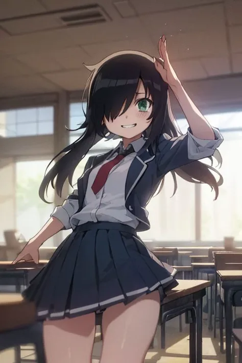 tomokokuroki, <lora:tomoko kuroki s1-lora-nochekaiser:1>,
tomoko kuroki, long hair, black hair, (green eyes:1.3), (hair over one eye:1.5), bags under eyes, smile, grin,
BREAK skirt, school uniform, necktie, blazer,
BREAK indoors, classroom,
BREAK looking at viewer, dynamic pose,
BREAK <lyco:GoodHands-beta2:1>, (masterpiece:1.2), best quality, high resolution, unity 8k wallpaper, (illustration:0.8), (beautiful detailed eyes:1.6), extremely detailed face, perfect lighting, extremely detailed CG, (perfect hands, perfect anatomy),