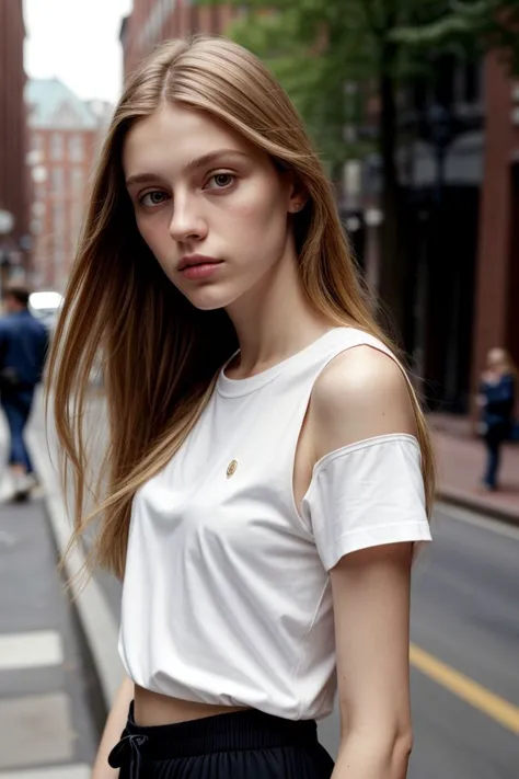 a woman standing on a city street with a white shirt