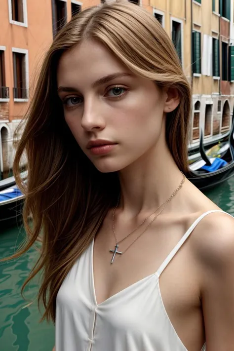 a close up of a woman standing in front of a canal