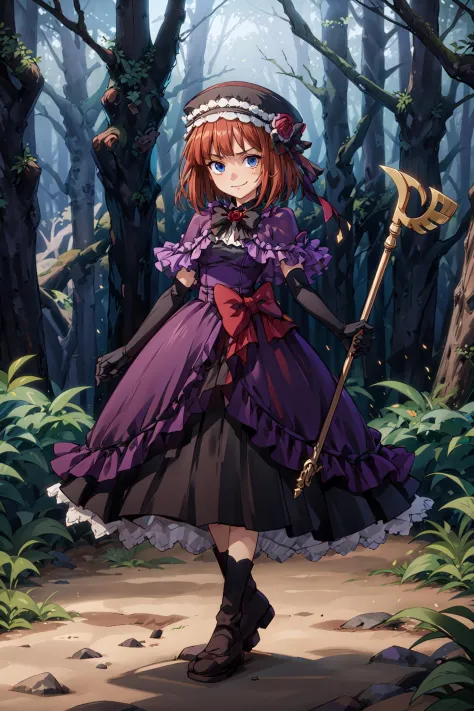 (masterpiece),(best quality), <lora:EvaBeatrice:0.9>, eva beatrice, blue eyes, medium hair, bowtie, purple dress, floor-length d...