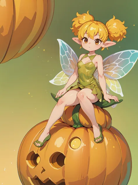 8k, masterpiece, highly detailed, (tiki), <lora:tiki-1.0:1>, brown eyes, yellow hair, green dress, (minigirl), full body, sitting on a pumpkin