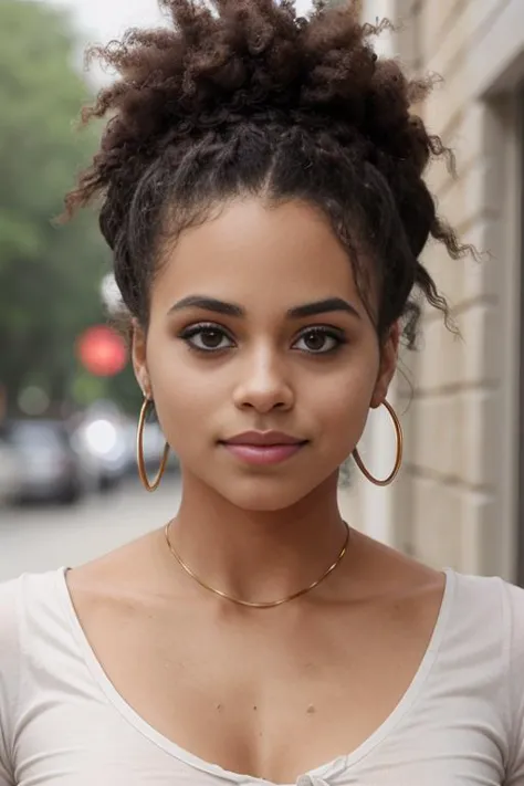 foto de una hermosa mujer caucásica, Zazie Camisa Blanca, Afrobun, Fotorrealista, absurdos, de cerca