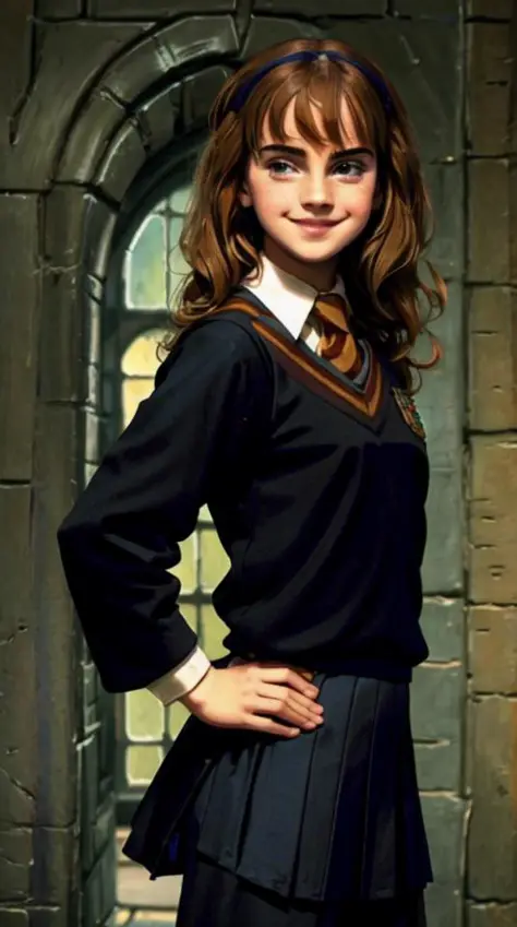 porte superior do corpo do jovem adolescente, (feliz: 1.5), Uniforme de Hogwarts,Fundo de Hogwartd, vista frontal 