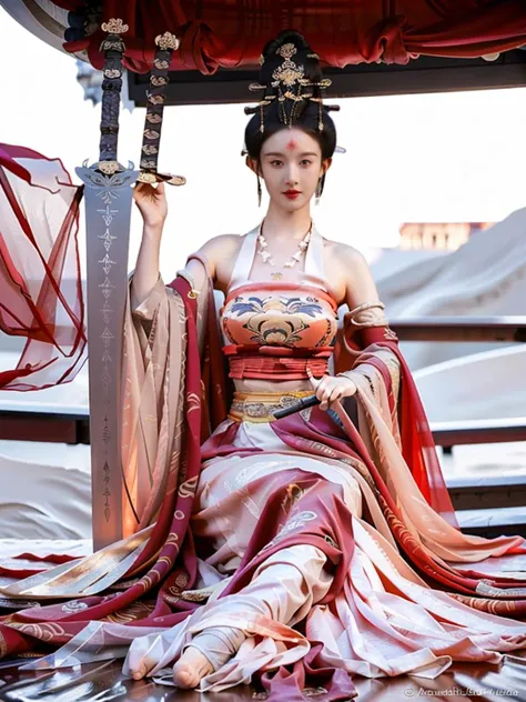 arafed woman in a kimono sitting on a platform with a sword