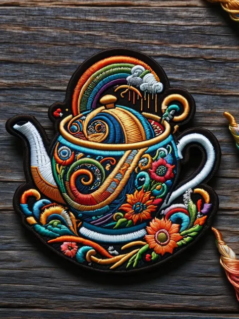 A ral-embroideredpatch depicting a whimsical teapot pouring a rainbow of threads into a cup, with thimble-sized fairies dancing ...