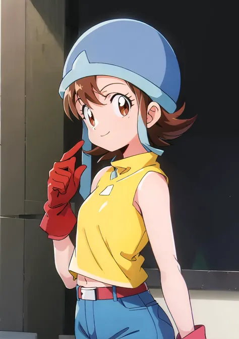 best quality, masterpiece, highres, SoraDigi,  1girl,solo, blue helmet, brown hair, brown eyes, red gloves, yellow shirt, jeans,1980s \(style\), looking at viewer, small breasts,