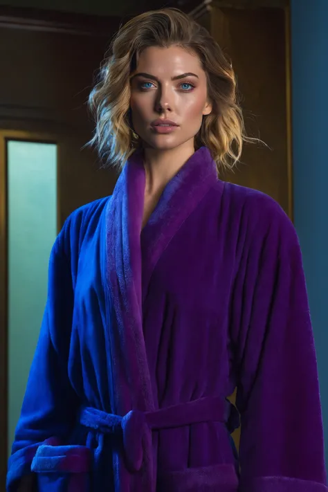 a close up of a woman in a bathrobe standing in a bathroom