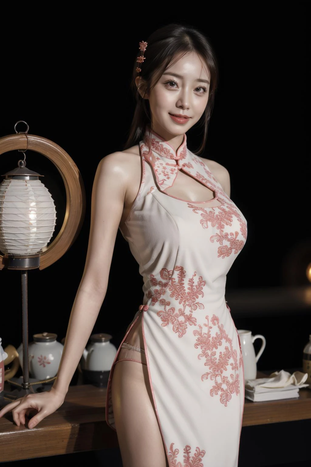 masterpiece,best quality,extremely detailed 8K wallpaper,pov,
1girl,front view,qipao1,cowboy_shot,looking at viewer,clothing cutout,white_dress,huge breasts,night,light_smile,
chinese new year,lantern,fireworks,chinese_style_loft,