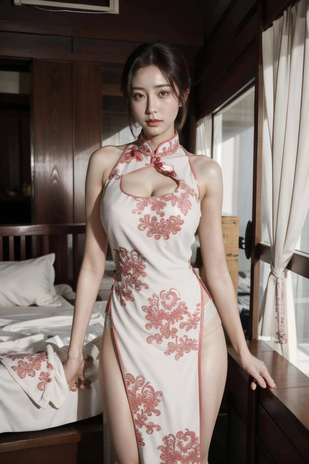 masterpiece,best quality,extremely detailed 8K wallpaper,pov,
1girl,front view,qipao1,cowboy_shot,looking at viewer,clothing cutout,white_dress,huge breasts,
indoors,bed,chinese new year,