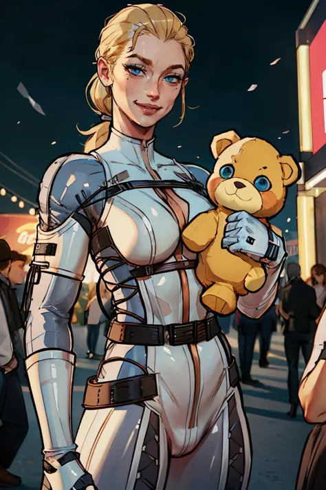 TheBoss, blonde hair, low ponytail, blue eyes, mole under right eye, white bodysuit, belt, gloves, looking at viewer, smiling, h...