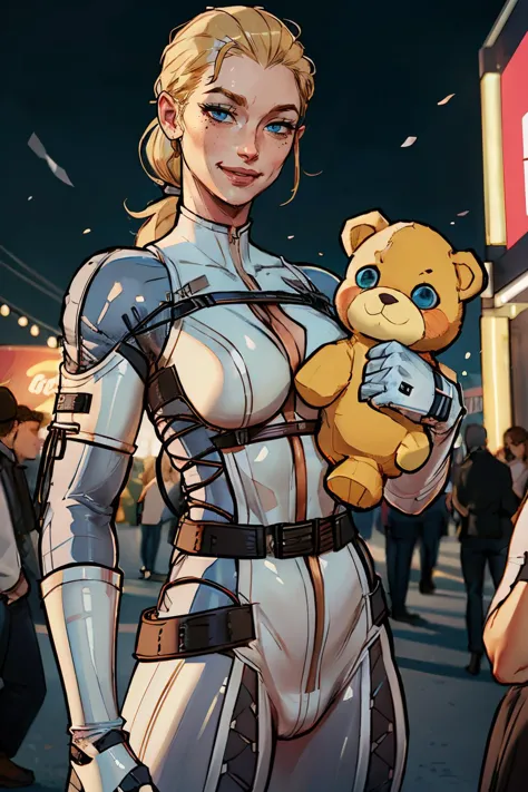 a close up of a woman in a costume holding a teddy bear