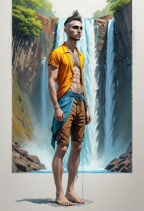 arafed man standing in front of a waterfall with a shirt on